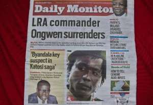 A Ugandan daily in Kampala carries a picture of former LRA second-in-command Dominic Ongwen on January 7, 2015.  By Isaac Kasamani AFPFile