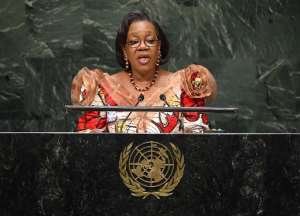 Catherine Samba-Panza, President of the Transitional Government of the Central African Republic, speaks during the 69th Session of the UN General Assembly in New York on September 27, 2014.  By Timothy A. Clary AFP