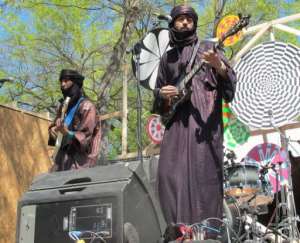 Liya Ag Ablil R and Sanou Ag Ahmed of the Malian desert blues group Terakaft perform in Austin, Texas  March 15, 2012.  By Robert Macpherson AFP