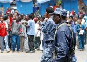 File photo shows Ethiopian policemen guarding a demonstration in Addis Ababa on June 6, 2005.  By Lea-Lisa Westerhoff AFPFile