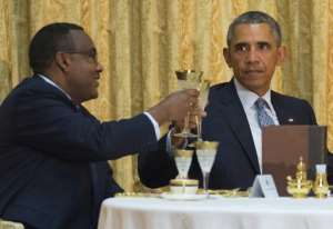 Ethiopian Deputy Prime Minister Demeke Mekonnen L toasts US President Barack Obama at a State Dinner at the National Palace in Addis Ababa, Ethiopia, July 27, 2015.  By Saul Loeb AFPFile