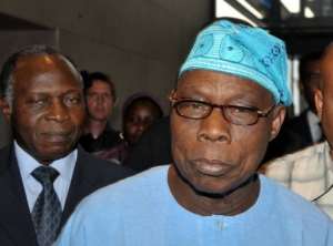 Former Nigerian president Olusegun Obasanjo (R) pictured in Dakar on Feburary 25, 2012.  By Seyllou (AFP/File)