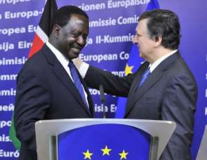 Kenyan premier Raila Amolo Odinga left with EU President Jose Manuel Barroso in Brussels last week.  By Georges Gobet AFPFile