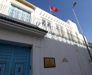 A picture from April 17, 2014 shows the Tunisian embassy in Tripoli, where a diplomat identified as al-Aroussi al-Kontassi was kidnapped.  By Mahmud Turkia AFP