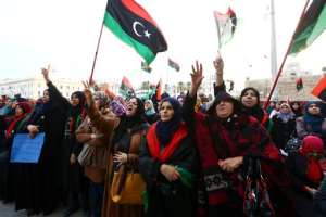 Libyan protesters take part in a rally in Tripoli's central Martyr's Square on February 13, 2015, in support of Fajr Libya Libya Dawn, a mainly-Islamist alliance.  By Mahmud Turkia AFPFile
