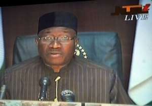 Nigerian President Goodluck Jonathan speaks during a nationwide live broadcast on the state television on May 14, 2013.  By Pius Utomi Ekpei (AFP)