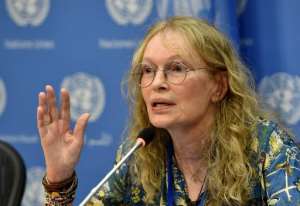 Mia Farrow, UNICEF Goodwill Ambassador, speaks to the media about her visit to the Central African Republic July 22, 2014 at United Nations headquarters in New York.  By Stan Honda AFP