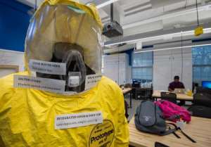 A new and improved prototype bio-hazard suit specifically targeted for viral outbreaks such as Ebola is seen at the Johns Hopkins Biomedical Engineering Laboratory for Innovation and Design on December 18, 2014.  By Paul J Richards AFP