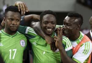 Nigeria's Ahmed Musa C is congratulated by teammates after scoring a goal during their 2015 Africa Cup of Nations qualifying match against Sudan, in Abuja, on October 15, 2014.  By Pius Utomi Ekpei AFPFile