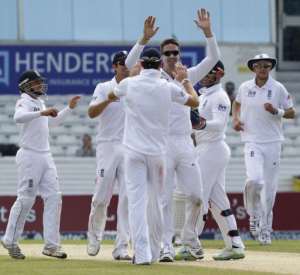 Pietersen centre celebrates taking the wicket of South African Captain Graeme Smith.  By Ian Kington AFP