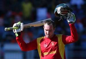 Zimbabwes Brendan Taylor celebrates his 100 runs during the Pool B Cricket World Cup match with India at Eden Park in Aucklan, New Zealand, on March 14, 2015. By Michael Bradley (AFP)