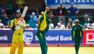 South Africa's Tabraiz Shamsi centre took three wickets in his side's win against Australia in the 4th ODI in Port Elizabeth on October 9, 2016.  By Michael Sheehan AFP