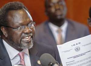 South Sudan rebel leader Riek Machar gives a press conference on May 12, 2014 in Addis Ababa.  By Zacharias Abubeker AFPFile