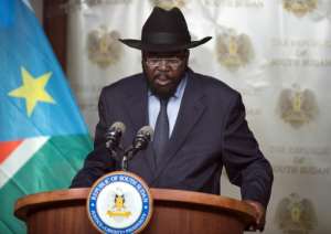 The President of South Sudan, Salva Kiir, addresses the nation from the State House in Juba in September 2015.  By Charles Atiki Lomodong AFPFile