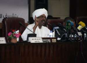 Sudanese President Omar al-Bashir speaks during a convention at the National Congress Party headquarters in Khartoum on September 27, 2014.  By Ebrahim Hamid AFPFile