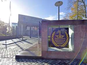 The emblem of the International Tribunal for the Law of the Sea is pictured at the court's entrance on November 6, 2013.  By Patrick Lux AFPFile