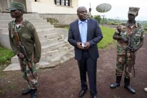 President of the political wing of the ex-rebel M23 group Bertrand Bisimwa C speaks to journalists on April 26, 2013 in front of their headquarters in Bunagana on the border of the Democratic Republic of Congo and Uganda.  By Junior D.Kannah AFPFile