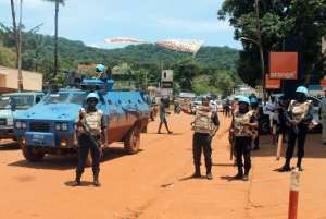 United Nations peacekeepers in the center of the Central African Republic capital Bangui on October 8, 2014.  By Pacome Pabamdji AFPFile