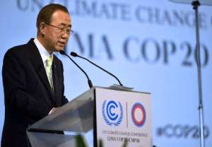 UN Secretary General Ban Ki-moon addresses participants at climate talks in Lima on December 10, 2014.  By Cris Bouroncle AFPFile