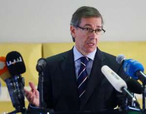 Spanish UN envoy to Libya Bernardino Leon addresses the press in Tripoli on September 11, 2014.  By Mahmud Turkia AFP