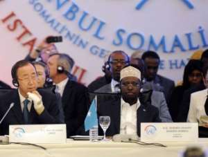 Somalia's President Sheikh Sharif Sheikh Ahmed C and UN Secretary-General Ban Ki-moon L in Istanbul.  By Bulent Kilic AFP