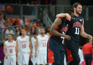 US forward Kevin Love R and US gard James Harden celebrate.  By Timothy A. Clary AFP