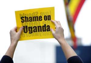 A protest against an anti-homosexuality bill in Uganda on November 19, 2009 in front of the Ugandan Mission to the United Nations in New York.  By Stan Honda AFPFile