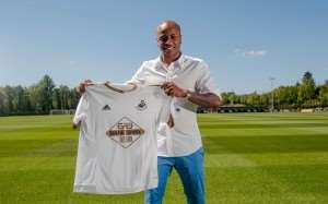 Swansea City unveil new signing Andre Ayew on June 10, 2015 in Swansea, Wales.