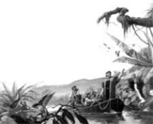 Christopher Columbus exploring the luxuriant coast of the island of Cuba