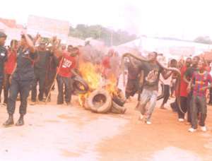 The Bosome Freho residents burning car tyres during the demonstration