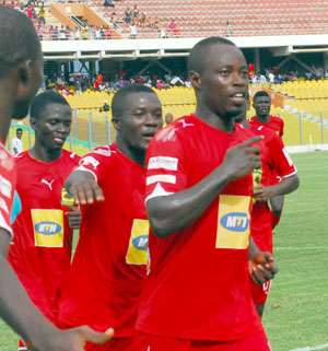 Osei and Nti Boakye celebrating one of his goals in yesterdays game