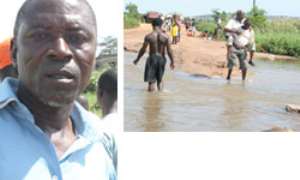 Mr. Solomon Botwe, Assembly Member for the  Manhia Electoral Area left, An old man being carried across the flooded road right