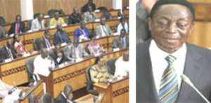 The Majority Bench in Parliamentleft, Dr. Kwabena Duffuor, Minister of Finance and Economic Planning, presenting the Budget Statement for 2012 on the floor of Parliamentright