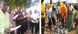 Members of the Unit Committee taking their oath (left), The DCE for East Gonja, Alhassan Mumuni leading the community members in the clean up exercise (right)
