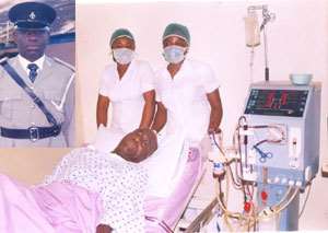 DSP Gyau on his hospital bed receiving dialysis treatment. inset DSP Daniel Gyau rtd