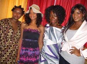 Kimberly 2 left  with Ama K, Omotola and Ebbe Bassey far left in a pose while filming in Ghana