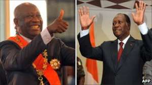 Laurent Gbagbo left, Alassane Ouattara right