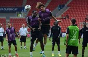 Michael Essien in training in Prague ahead of the Super Cup match