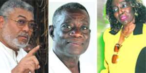 Ex-President JJ Rawlings(left), President Atta Mills(left), Nana Konadu Agyeman Rawlings(right)