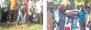 Mr. Abass Sbaabe breaking the ground for the commencement of the classroom block project (left), Mr. Skipper Agudu, Chief Fisherman of Fanteakwa, receiving the outboard motor from the Fanteakwa DCE, Abass Fuseini Sbabbe(right)