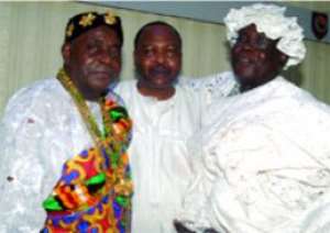 Togbui Sri III left in a pose with the Awadada of Anlo Togbui Agbesi Awusu ll right, and Mr Francis Nyonyo Agboada middle, a prominent citizen of the area.