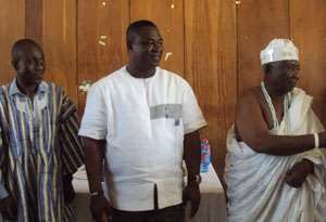 Nii Afotey Agbo (middle) Samuel Quatey and chief fishermen of Kpone Nii Tetteh Ashong ii at the installation of the newly 20 fishermen in Accra.