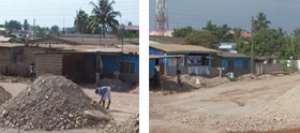 Some individuals picking stones for road construction works for their own purposes at Mallam junction. Pix by Eric Owiredu left, A man busy breaking construction stones under a shed with for sale signboard on a heap. Pix by Eric Owiredu right