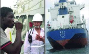Left: One of the stowaways, Djibah Kamara, stressing a point   right: chinhese vessel, MV Run Ning 3