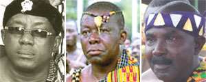 Nana Ninsin-Imbeah, Mfantse Head, Anloga/Oforikrom (left), Otumfuo Osei Tutu II, Asantehene(middle), Nana Boakye-Ansah Debrah, Asokore-Mamponghene, Head of Nifa Division, KTC(right)