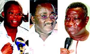 Mr. Fifi Kwetey, Deputy Minister of Finance (left), Dr. Owusu Afriyie Akoto, NPP MP for Tafo(middle), President John Evans Atta Mills (right)