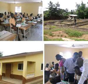 From top left: A cross-section of the children trying out the laptops, The abondoned ICT Centre, The New ICT Centre, A pupil making a pint to DCE Kwabi right