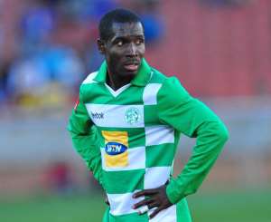 John Arwuah of Bloemfontein Celtic looks on as referee Victor Gomes awards Leopards a penalty during the match between Black Leopards and Bloemfontein Celtic in the Absa