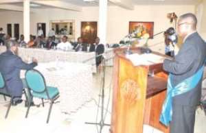 Prof James H. Ephraim (R) Chairman of Conference of Heads of Private Universities Ghana  addressing representatives at 6th anniversary