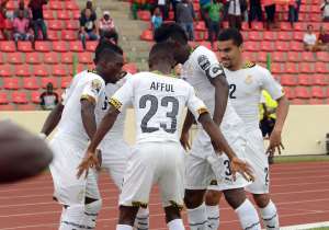 Christian Atsu of Ghana 7 celebrates a goal with teammates during of the 2015 Africa Cup of Nations Quarter Final match between Ghana and Guinea at Malabo Stadium, Equatorial Guinea on 01 February 2015 Pic Sydney MahlanguBackpagePix